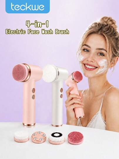 Teckwe 1 pieza Cepillo limpiador facial eléctrico 4 en 1 de ABS y silicona, 5 velocidades ajustables, impermeable, exfoliante de piel, dispositivo de limpieza profunda y masaje facial, 2000mAh recargable por USB, blanco y rosa, para uso diario de cuidado de la piel en el hogar, limpiador facial portátil, herramienta de belleza
