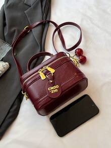 SIENNITY Shiny Oil Leather,Wine Red,Makeup Essentials Storage, Zip Closure, Vintage Cute Style, Cube Handbag, Ladies Evening Outing, Fashion Crossbody Handbag - Burgundy - View 9