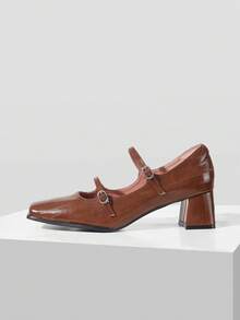 MOTF PREMIUM RETRO SQUARE TOE DOUBLE BUCKLE MARY JANE THICK HEEL SHOES WOMEN, AUTUMN AND WINTER DARK BROWN SOFT LEATHER COMMUTING MEDIUM HEEL LOW VAMP FALL SHOES - Embossed PU-Brown - View 2