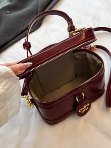SIENNITY Shiny Oil Leather,Wine Red,Makeup Essentials Storage, Zip Closure, Vintage Cute Style, Cube Handbag, Ladies Evening Outing, Fashion Crossbody Handbag - Burgundy - View 5