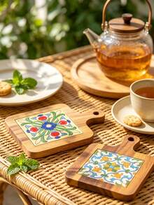 Solid Wood Ceramic Tile Pattern Heat Resistant Coasters - Retro Kitchen Table Mats For Hot Pots, Pans, Cups, High Temperature Resistant, Handmade Home Decor Gifts - View 6