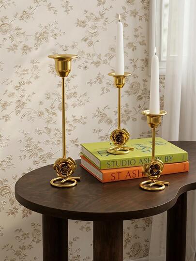 Cirelle Soportes de candelabro de metal de rosa dorada francesa de lujo, soportes de vela cónica de una sola cabeza tallados con base estable. Artesanía de hierro pulido en 3 tamaños, decoración de mesa elegante para cenas, hogar, bar y centros de mesa de boda.