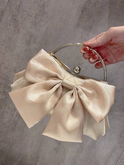 SIENNITY Elegant Shiny Champagne Bow Clutch Bag,Floral Handbag,New Ladies Party Purse,High-End Formal Gown Event Tote Shoulder Crossbody Bag,Bride,Wedding Item