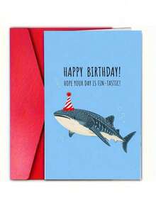 1PC Thick Paper Blank Inside Smooth Writing Durable Blue Background Whale Shark Party Hat Cartoon Funny Pun Text Birthday Greeting Card With Red Envelope For Ocean Lovers Adults Friends Birthday Party Celebration Ocean Themed Funny Birthday Gift Card - multicolor - View 8
