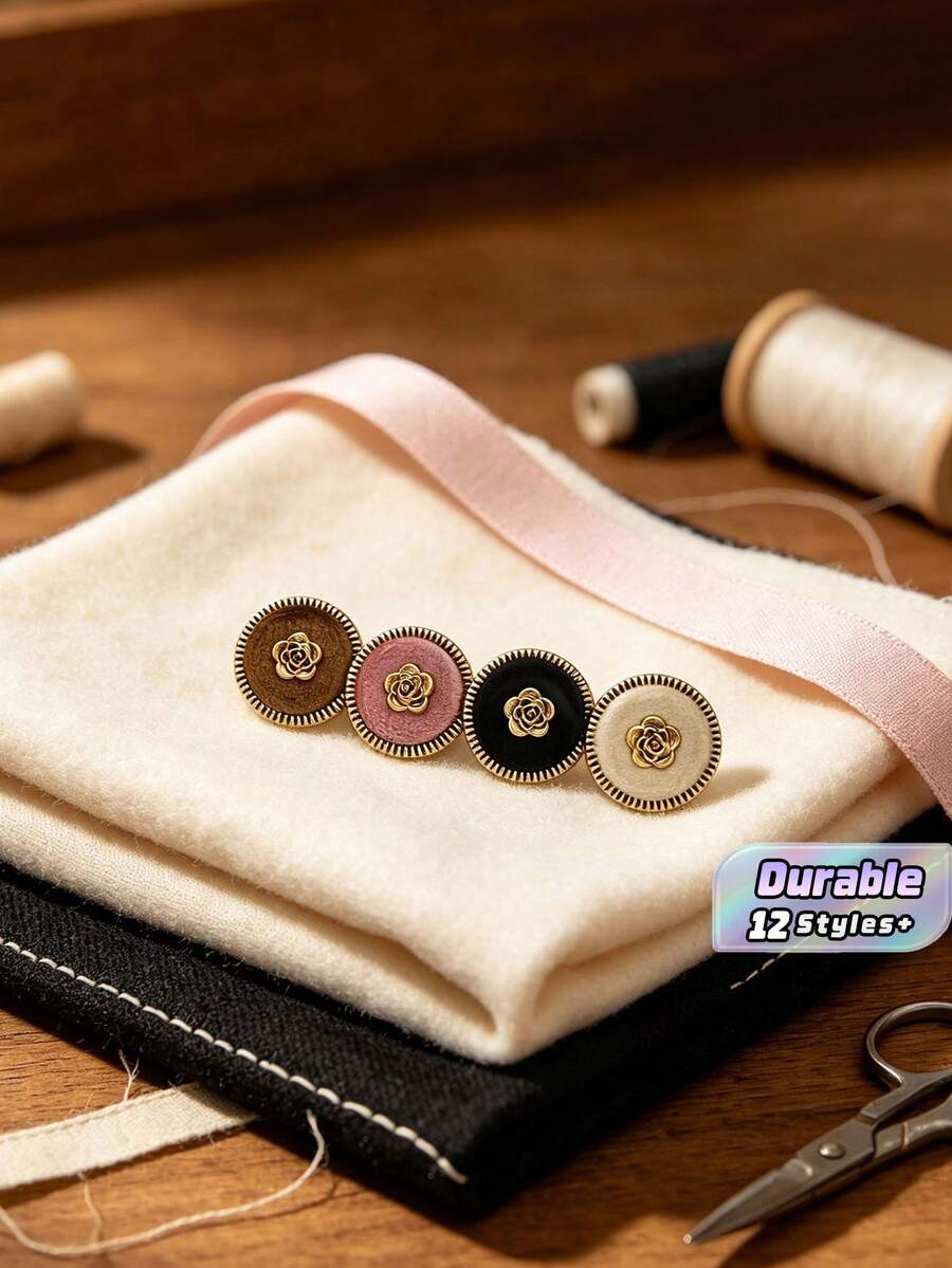 1 Pack 10 Pcs Flocked Rose Shaped Metal Buttons Round Flower Decorative Fasteners For Sweaters Windbreakers Suits Coats Outerwear Hand‑Sewn Clothing Sewing Accessories - 10pcs - View 1