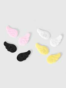 ROMWE Kawaii 8件組麂皮天使之翼胸針，黑色、白色、粉色與黃色組合，適用於包包、衣物、帽子與配件，適合日常裝飾 - 黑白粉黃色 - 查看 3