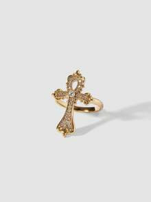 MortiRose Nhẫn cá nhân hóa phong cách Gothic hình chữ thập vàng - Cà phê vàng - Xem 7