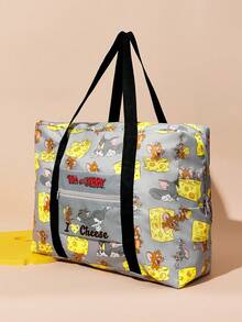 TOM & JERRY X SHEIN 印花可折疊大容量旅行托特包，前置拉鍊口袋，適合旅行、健身與日常行李收納 - 黃灰色 - 查看 2