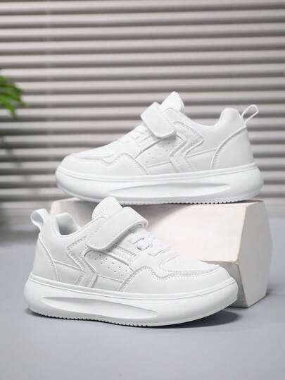 SHEIN Zapatos de tablero para niños, zapatos blancos pequeños de cuero transpirable, para niños y niñas con suela gruesa, absorción de impactos y antideslizantes, estilo casual deportivo