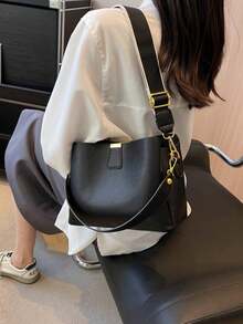 SIENNITY Tas Tote Bucket Warna Hitam Solid, Penyimpanan Multi-Lapisan untuk Barang-Barang Penting, Penutup Kancing, Gaya Minimalis Sehari-hari, Tas Tote Bucket, Tas Tangan Wanita untuk Bepergian, Tas Bahu Serbaguna - Hitam - View 1