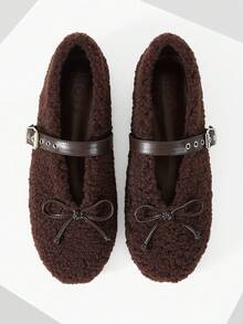 MOTF PREMIUM WOMEN RETRO TEDDY FUZZY BALLET FLATS LEATHER BUCKLE STRAP BOW SOFT WARM OUTDOOR MOCCASIN SHOES - dark brown - View 1