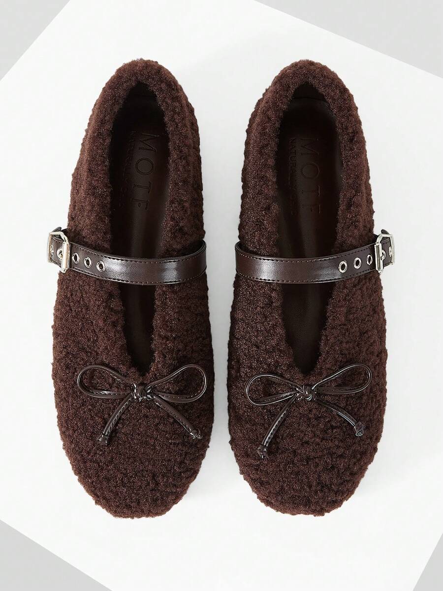 MOTF PREMIUM WOMEN RETRO TEDDY FUZZY BALLET FLATS LEATHER BUCKLE STRAP BOW SOFT WARM OUTDOOR MOCCASIN SHOES - dark brown - View 1