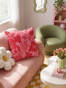 SHEIN 1 Piece, Retro Red Pink Tone European Floral Double-Sided Printed Pillow Cover, Living Room Balcony, Courtyard Bench, Homestay Decoration By Pillowcase - Multicolor - View 7