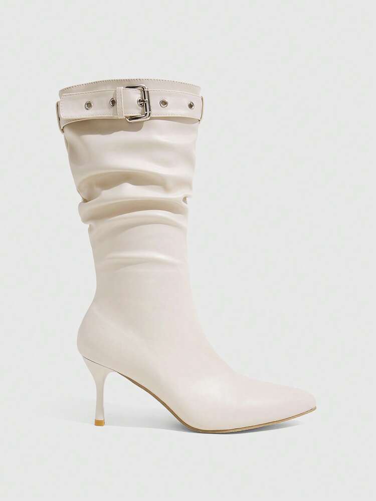 CUCCOO SZL Women's Shoes Beige Pointed Toe Buckle Mid-Calf Pleated Boots Sexy Party Date Commute Fall Boots - Beige - View 2