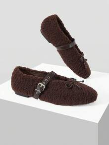 MOTF PREMIUM WOMEN RETRO TEDDY FUZZY BALLET FLATS LEATHER BUCKLE STRAP BOW SOFT WARM OUTDOOR MOCCASIN SHOES - dark brown - View 7