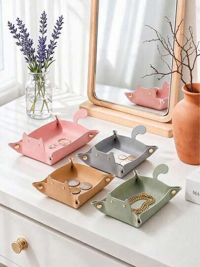 Haus Hana 1PC Cute Cat‑Shaped Catchall Tray, Faux Leather Material With Lovely Cat Silhouette Design, Foldable Storage Function For Small Trinkets, Keys And Jewelry, Stylish Home Decor Must‑Have, Ideal For Entryway, Vanity Table, Bedroom Nightstand