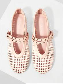 MOTF LADIES FLAT BOTTOM HOLLOW WOVEN HORIZONTAL STRAP BUCKLE MARY JANE SHOES SIMPLE ELEGANCE VACATION DAILY COMMUTER COLLEGE FALL SHOES - Pink White - View 1