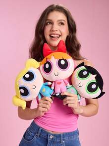 THE POWERPUFF GIRLS X SHEIN 1件卡通毛絨娃娃，採用柔軟材質搭配精緻刺繡，可放置於沙發或車內裝飾，適合作為禮物 - 紅色 - 查看 6
