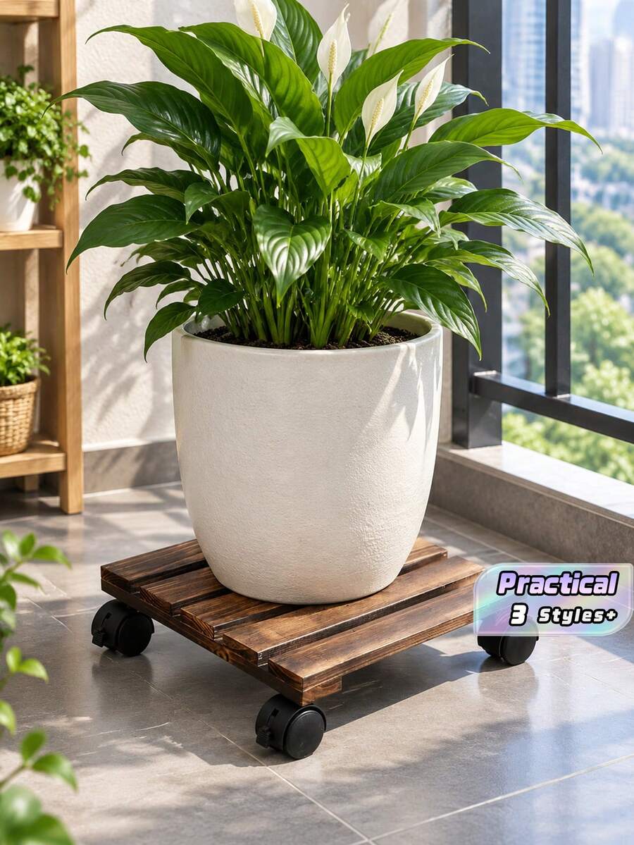 1 Buah Dudukan Tanaman Beroda Tugas Berat dengan Roda Logam yang Dapat Dikunci, Alas Pot Kayu Bulat, Struktur Kayu Kokoh, Roda yang Dapat Diatur untuk Pot Bunga Besar, Penggunaan Dalam dan Luar Ruangan - A - View 1