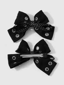ROMWE Goth 2 Multi-Specification Y2k Dark Wind Black Air Eye Star Rivet Polka Dot Double-Layer Handmade Bow DIY Hairpin Duck Bill Clip, Combination Set - Black-53 - View 5