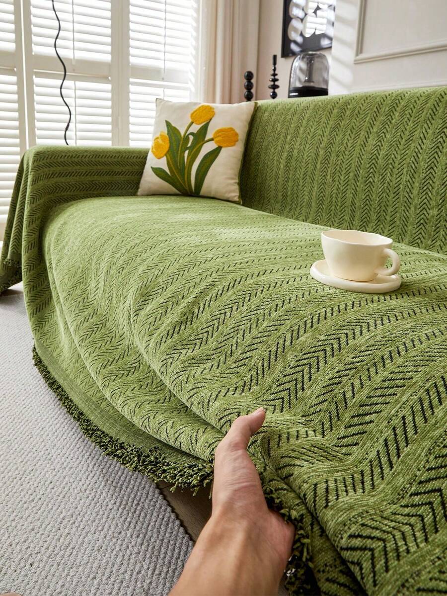 1 Pack Chenille Sofa Cover Blanket Stripe Pattern Soft And Durable Pet Friendly Machine Washable 100% Polyester Comes With Sofa Cover For Bedroom Living Room Home Decor - Green - View 1