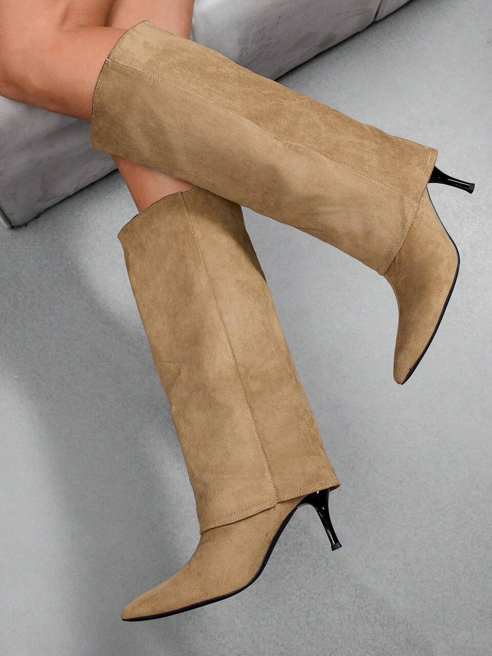 CUCCOO SZL European And American Style Pointed Wine Glasses And Piled Boots, Black Soft Leather Sleeve High Boots, Thin Imperial Sister Style Pleated Trousers Wo