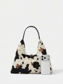 SHECARRY Women's Fashionable Simple And Elegant Classic Cow Pattern Short Plush Shoulder Bag, Daily Commuting Shopping - cow pattern - View 4