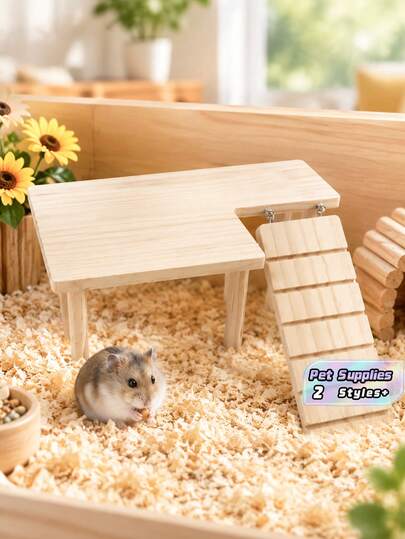 1 Set Solid Wood 2-Tier Platform Table With Climbing Ladder, Suitable For Hamsters, Guinea Pigs, Teddy Bear Hamsters Climbing Stairs, Hideout And Landscape Platform, Suitable For Small Pets, All Seasons