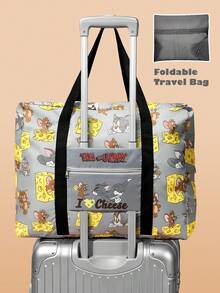 TOM & JERRY X SHEIN 印花可折疊大容量旅行托特包，前置拉鍊口袋，適合旅行、健身與日常行李收納 - 黃灰色 - 查看 1
