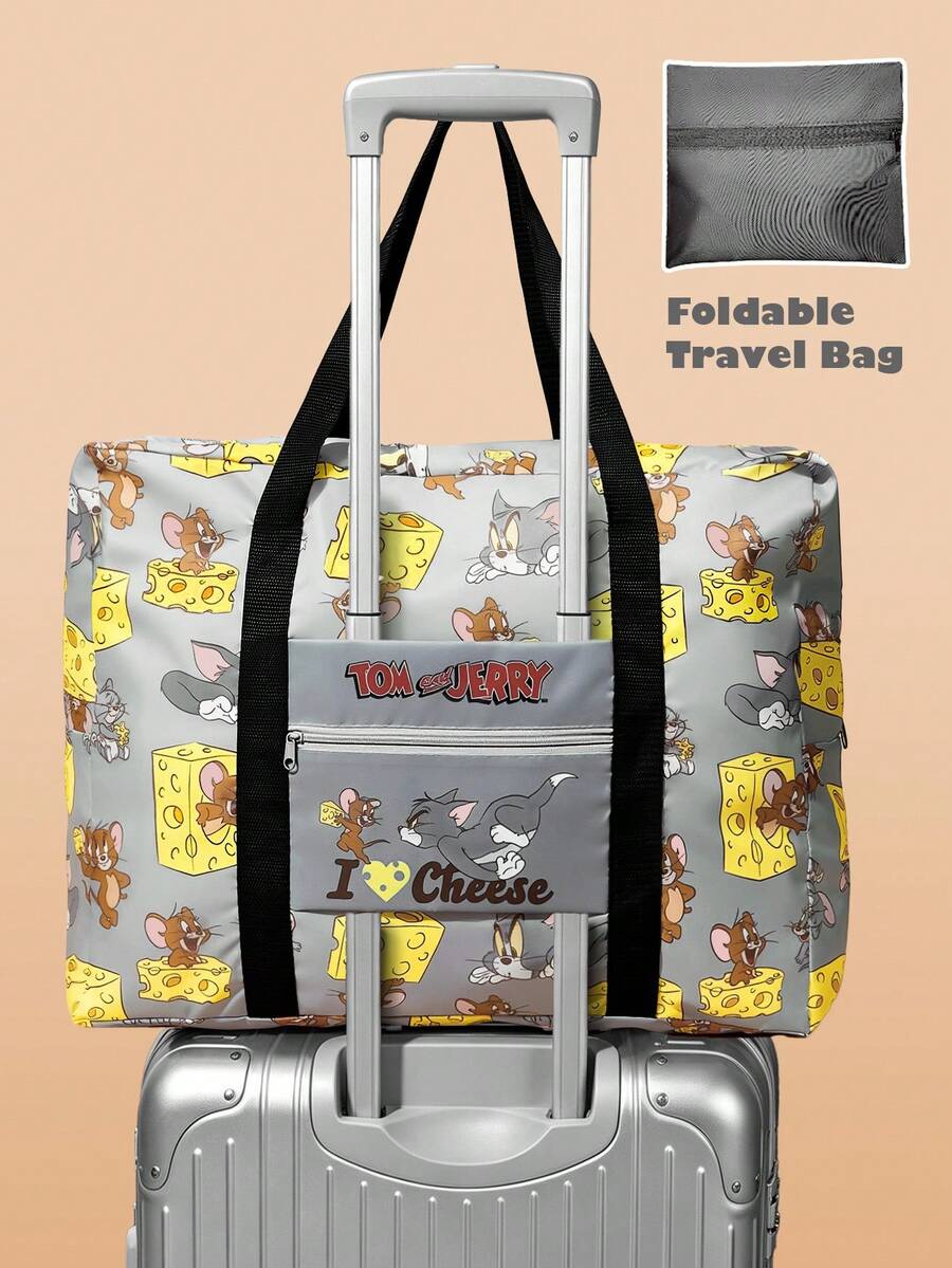 TOM & JERRY X SHEIN 印花可折疊大容量旅行托特包,前置拉鍊口袋,適合旅行、健身與日常行李收納 - 黃灰色 - 查看 1