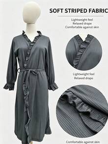 Elegant Solid Gray Ruffle Wrap Bathrobe For Women, V Neck Long Sleeve Belted Kimono Loungewear Robe, Soft Crinkle Fabric Irregular Hem Loose Homewear, Lightweight Casual Sleep Robe Coverup With Chic Ruffled Detail - Multicolor - View 8