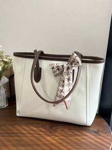 SIENNITY Fashionable Plain Color Scarf Decor PU Leather Tote Bag, Retro Minimalist Casual Shoulder Bag, Large Capacity Commuter Handbag Suitable For Women - White - View 2