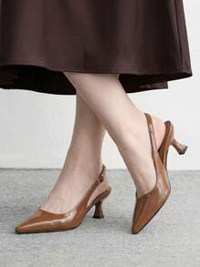 CUCCOO BIZCHIC Women's Shoes Glossy Pointed Heel Medium Heel Empty Buckle Light Luxury High Heels Commuter Banquet Shoes - Brown - View 3