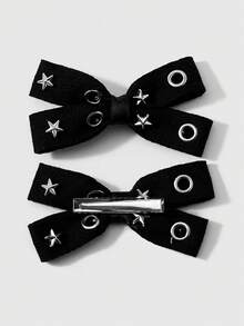 ROMWE Goth 2 Multi-Specification Y2k Dark Wind Black Air Eye Star Rivet Polka Dot Double-Layer Handmade Bow DIY Hairpin Duck Bill Clip, Combination Set - Black-53 - View 2