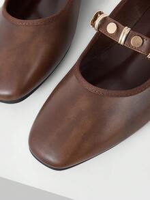 MOTF PREMIUM WOMEN SQUARE TOE BROWN LEATHER MARY JANE FLATS, GOLD MULTI BUCKLE STRAP SOFT COMFORT WALKING FLAT DRESS SHOES - Brown - View 5