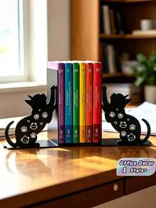 2PCS New Creative Cute Cat Shaped Metal Bookend Sturdy Durable Desktop Organizer Home Office Decor Art Craft Gift For Cat Lover Student Christmas Birthday Housewarming - View 1