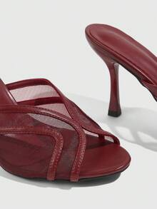 CUCCOO SZL Women's Open-Toed High-Heeled Mules, Mesh Cross-Lace, Slip-On Party Sandals - Burgundy - View 2