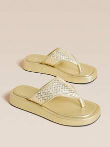 HighSole 極簡網格拼接設計厚底涼拖鞋 休閒鞋 約會度假穿搭 - 編織金色 - 查看 5