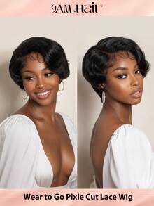 Pixie Cut Lace Wigs Human Hair Brown Short Finger Wave Pixie Wigs With Side Lace Part Glueless Short Wavy Wigs Wear & Go - 1B - View 1