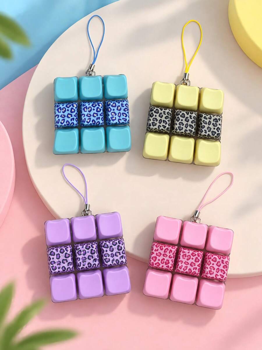 MINKOJA 1pc Fidget Keyboard Keychain, Leopard Print Clicker Fidget Toy, 9-Key Portable Stress Relief Toy, Cute Bag Charm Pendant, Anti-Anxiety Sensory Toy For Adults Kids - Multicolor - View 1