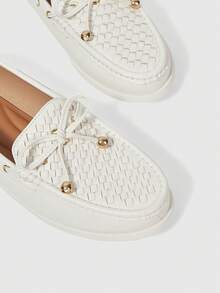 Sleekvia Women's Shoes White Woven Cutout Bow Loafers Daily Commute Fall Shoes - Beige - View 5
