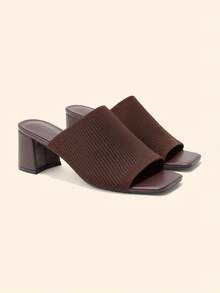 CUCCOO BASICS Spring And Summer Weaving Square Top Hollow High-Heeled Mules Mop, Breathable Open-Toe Mop - Brown - View 4