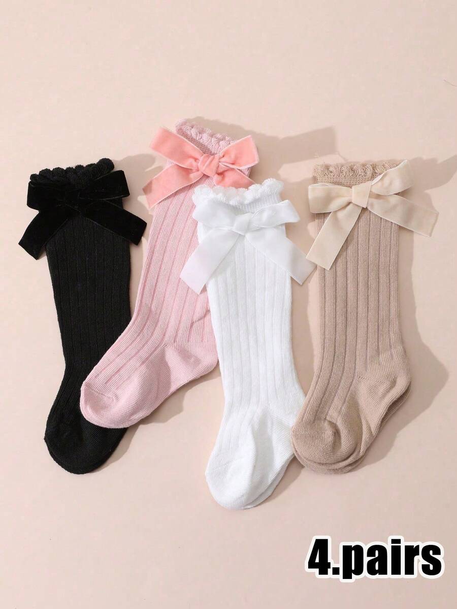 SHEIN 4 Pairs Of Sweet And Cute Solid Color Bow Bubble Socks Are Suitable For Daily Life - Multicolor - View 1