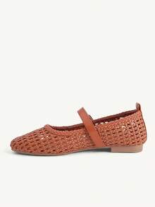 CUCCOO CHICEST Hollow Woven Buckle Square Top Flat Bottom Low Heel Retro Brown PU Mary Jane Shoes Commuter Vacation Daily - Brown - View 6