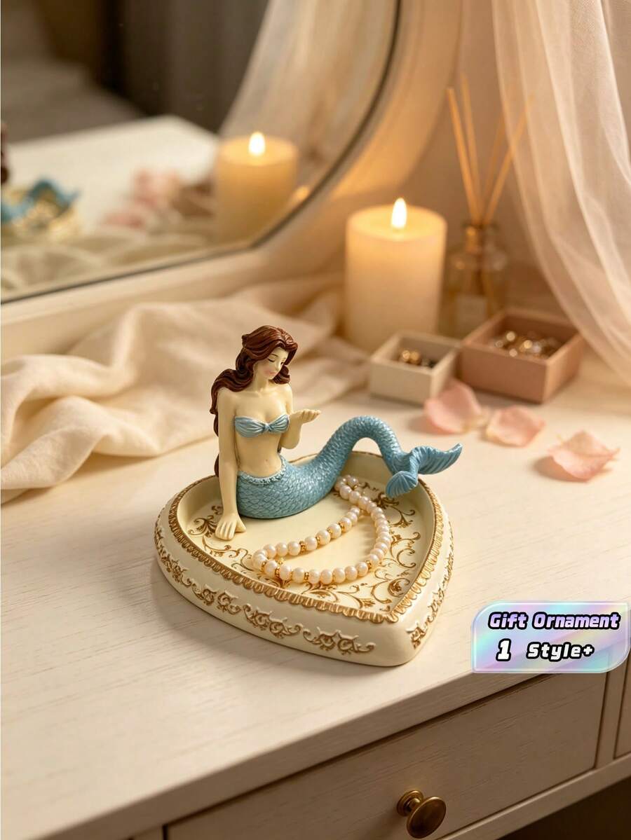 1PC Resin Heart Shaped Golden Embossed Blue Mermaid Jewelry Storage Tray Organizer Box For Earring Ring Necklace Bedroom Vanity Bathroom Nautical Decor Gift Ornament - Multicolor - View 1