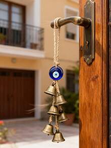 قطعة واحدة من جرس الرياح المعدني المصنوع يدويًا من حبل القنب مع خرزة العين الشريرة، زينة معلقة بتصميم ريفي بوهيمي للحديقة والفناء والشرفة والفيلات والديكور الخارجي والمنزلي، هدية لتدشين المنزل الجديد - A - مشاهدة 3