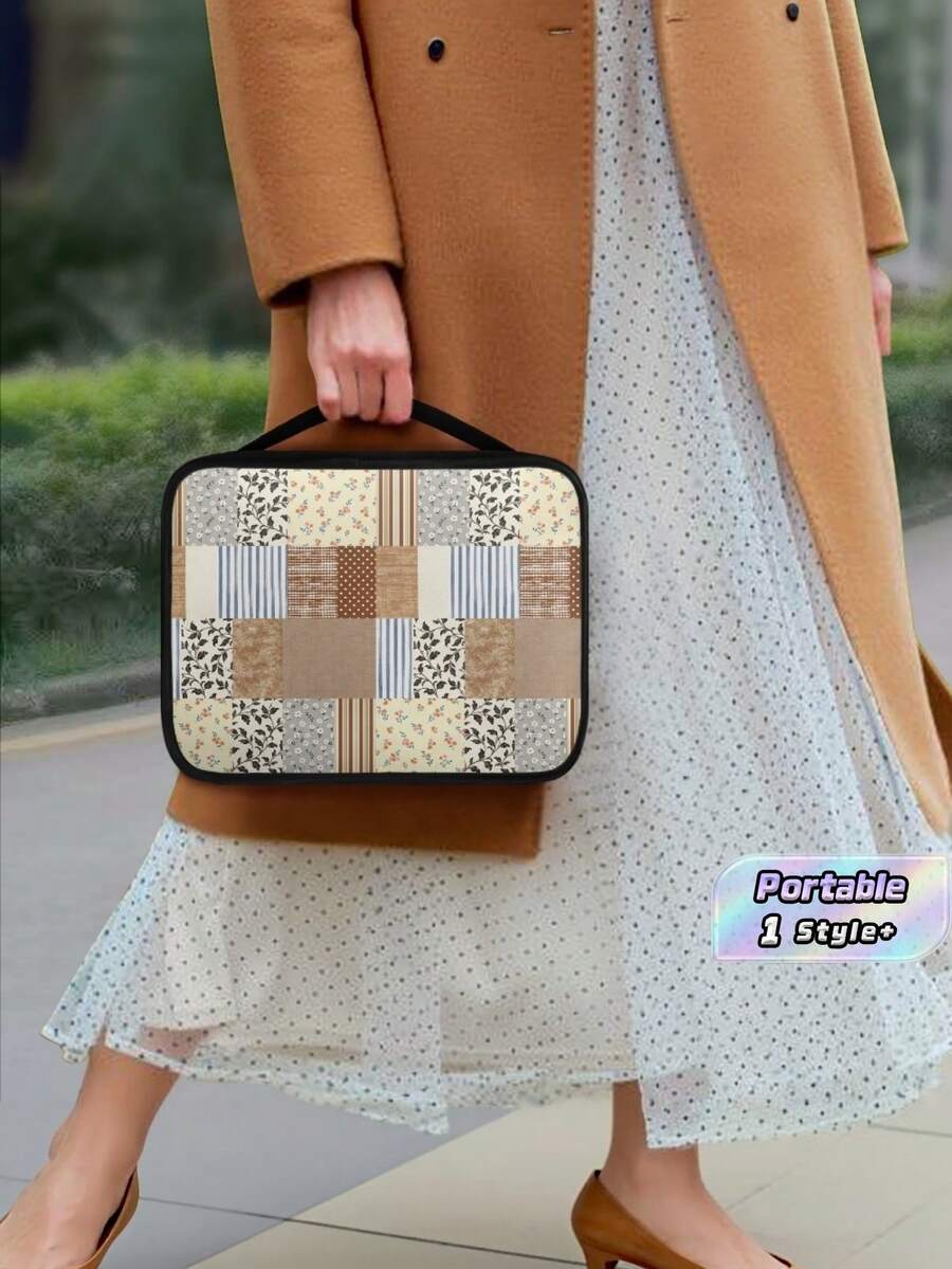 1PC Durable Polyester Book Carrying Case With Comfortable Top Handle Two Way Zipper Vintage Patchwork Floral Striped Plaid Print Portable Book Storage Protective Bag For Daily Commute Travel Outdoor Weekend Trip Book Organizer - Multicolor - View 1