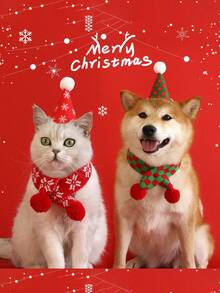 PETSIN Pet Christmas Party Hat And Knitted Scarf Set, Xmas Pom Pom Costume Accessories For Cats Small Dogs, Holiday Photo Props - Multicolor - View 5