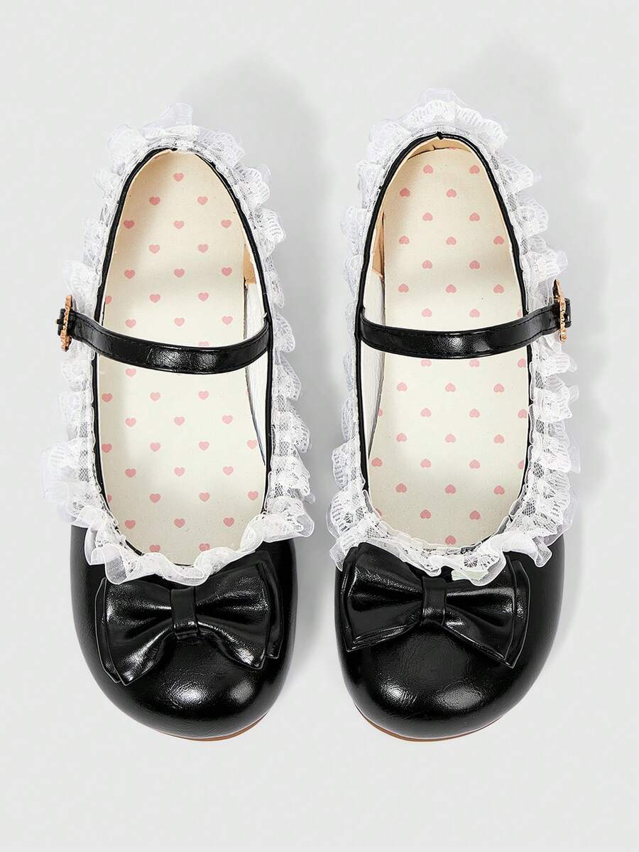 ROMWE Kawaii 女士时尚甜美蝴蝶结装饰平底鞋 情人节 - 黑色大蝴蝶結+蕾絲 - 查看 1