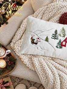 1pc Christmas Santa Claus Red House & Christmas Tree Embroidered Throw Cushion Cover, Suitable For Indoor Decoration, Christmas Decorative Pillow Cover, Pillow Insert Not Included - Multicolor - View 6
